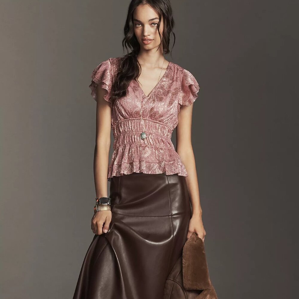 NWT Anthropologie Smocked Lilac Metallic Top